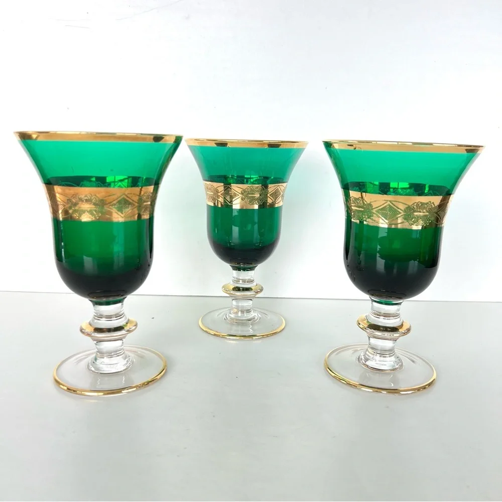 Vintage Goblet 3pc Set Emerald Green 24k Gold Plated Italian Style Wine Glass